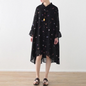 Svart Chiffon Løs Blomsterkjole