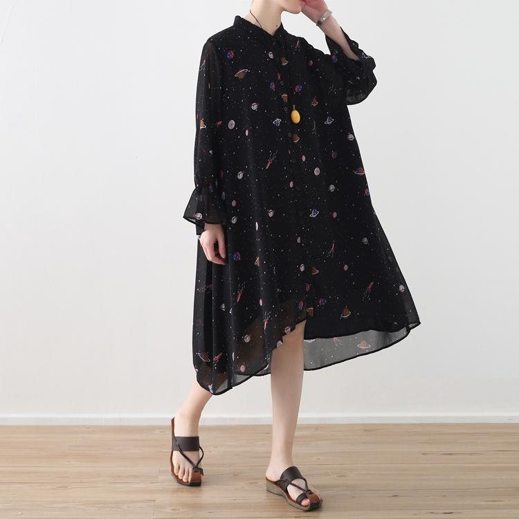 Svart Chiffon Løs Blomsterkjole