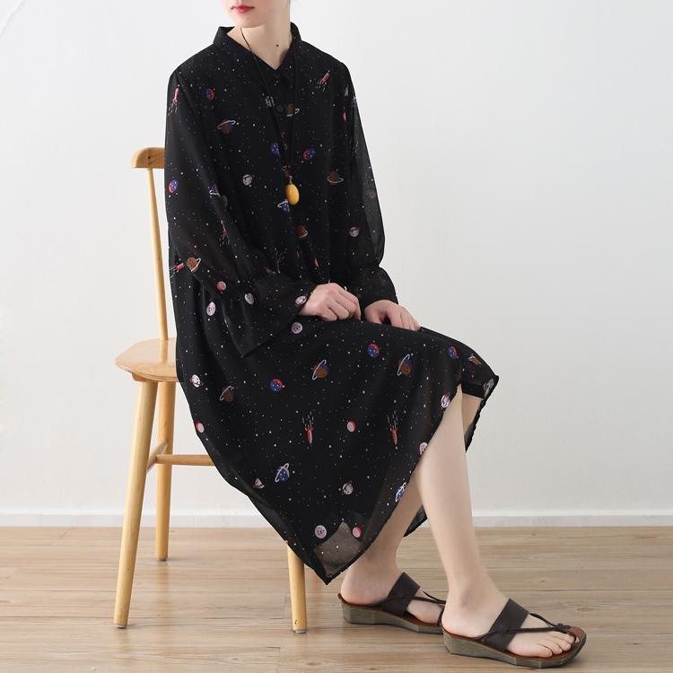 Svart Chiffon Løs Blomsterkjole