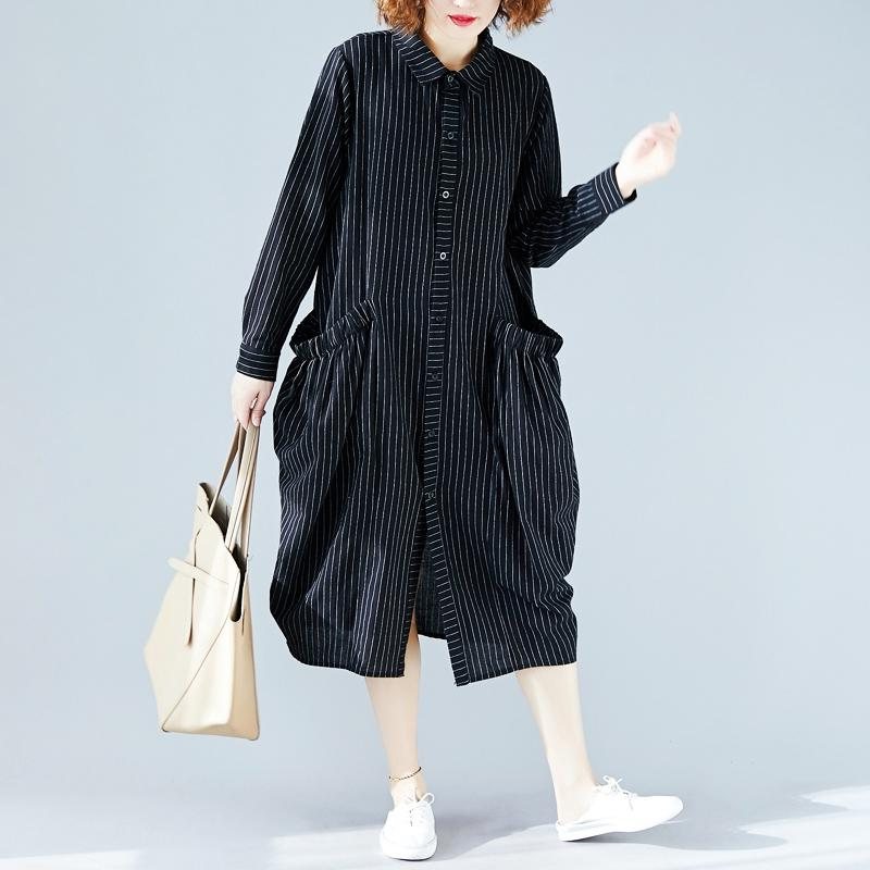 Svart Løse Store Lommer Stripe Kjole
