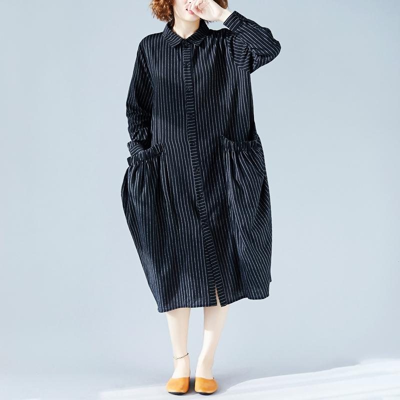 Svart Løse Store Lommer Stripe Kjole