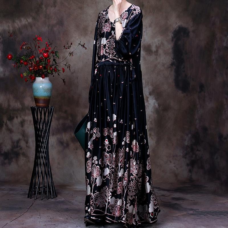 Vår Høst Retro Floral V-hals Plus Size Bomullskjole