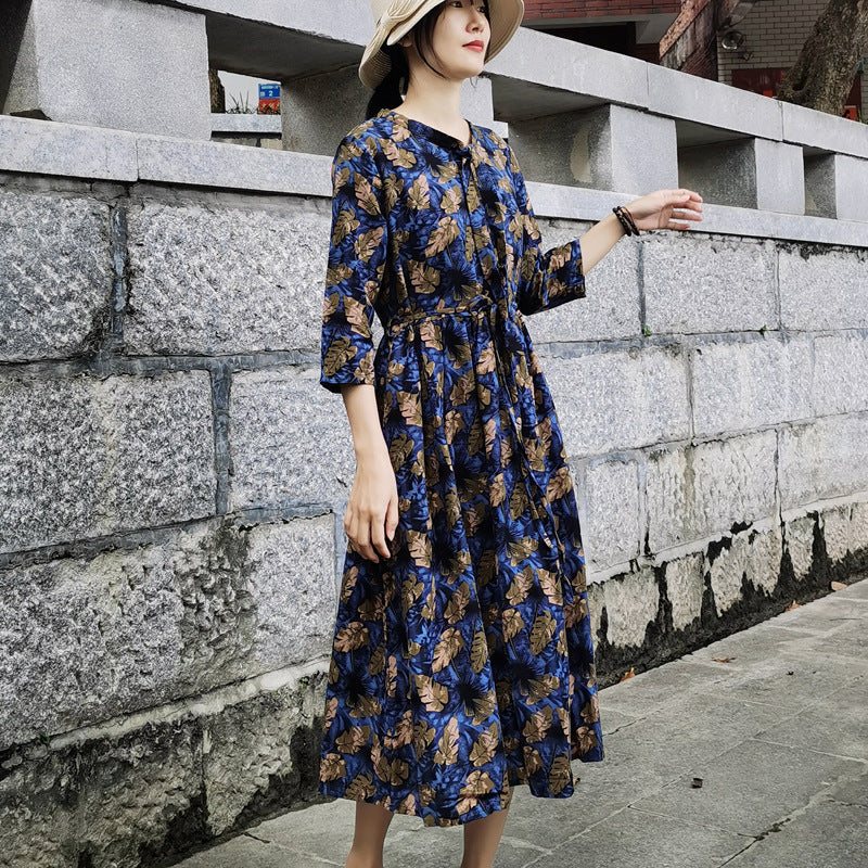 Vår Sommer Bomull Lin Vintage Printed Kjole