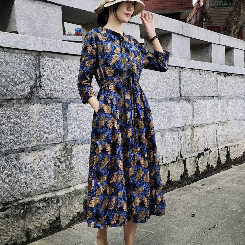 Vår Sommer Bomull Lin Vintage Printed Kjole