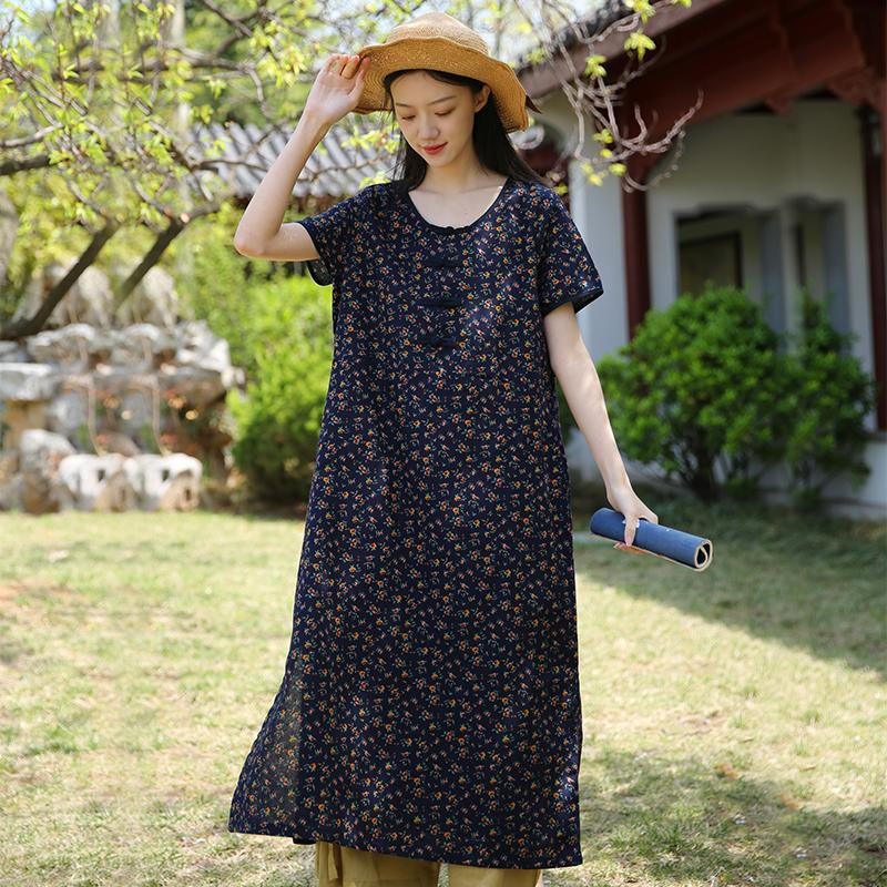 Vår Sommer Løs A-line Bomull Lin Floral Kjole