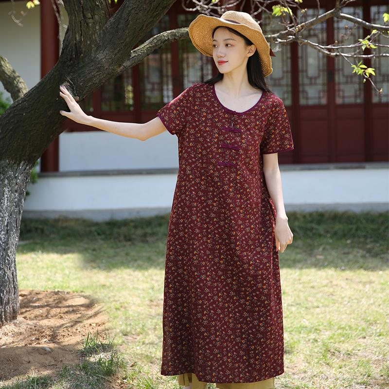 Vår Sommer Løs A-line Bomull Lin Floral Kjole