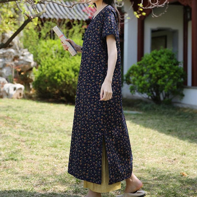 Vår Sommer Løs A-line Bomull Lin Floral Kjole