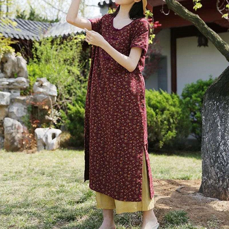 Vår Sommer Løs A-line Bomull Lin Floral Kjole