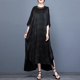Vår Sommer Trykt Løs Slit Silk Maxi Kjole