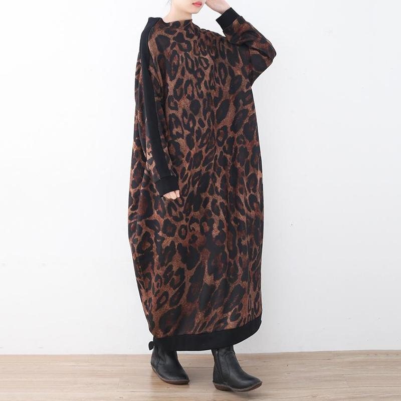 Vintage Leopard Strikket Høyhalset Vinterkjole