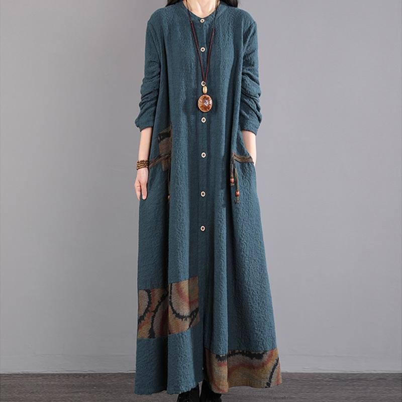 Vinter Dame Retro Cotton Løs Langermet Kjole