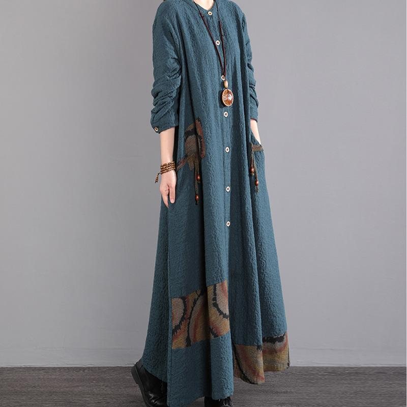 Vinter Dame Retro Cotton Løs Langermet Kjole