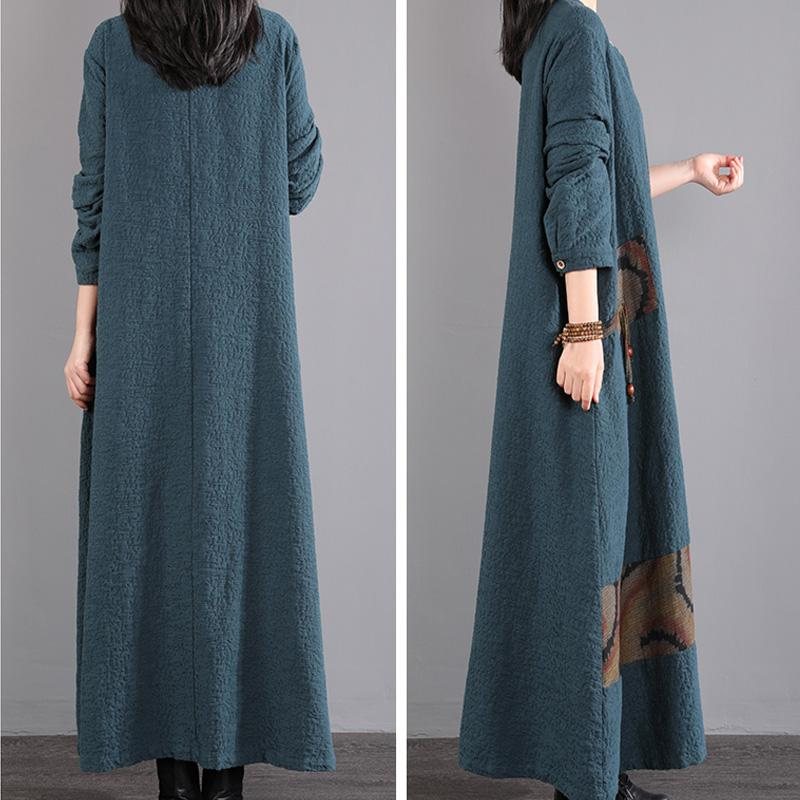 Vinter Dame Retro Cotton Løs Langermet Kjole