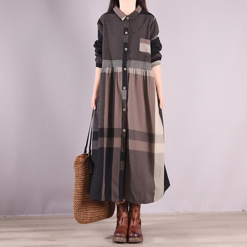 Vinter Retro Casual Bomullspledd Patchwork Single-breasted Kjole