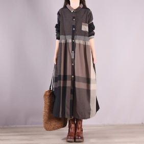 Vinter Retro Casual Bomullspledd Patchwork Single-breasted Kjole