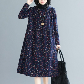 Winter Retro Floral Turtleneck Løs Casual A-line Kjole