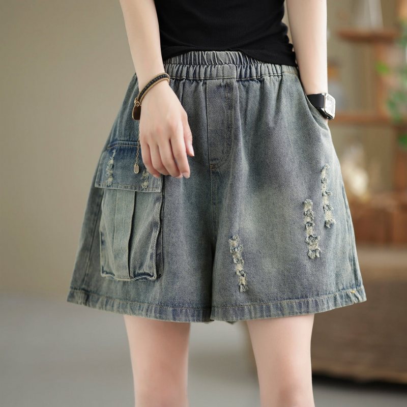 Dame Retro Løs Sommer Denim Shorts I Bomull