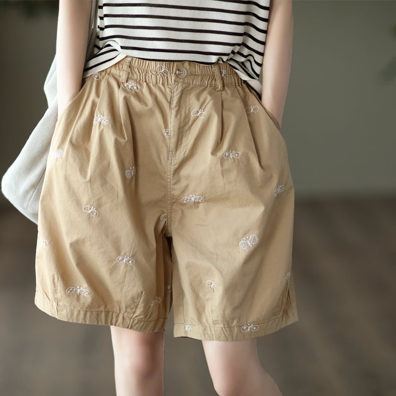Dame Sommer Retro Butterfly Brodery Bomullsshorts