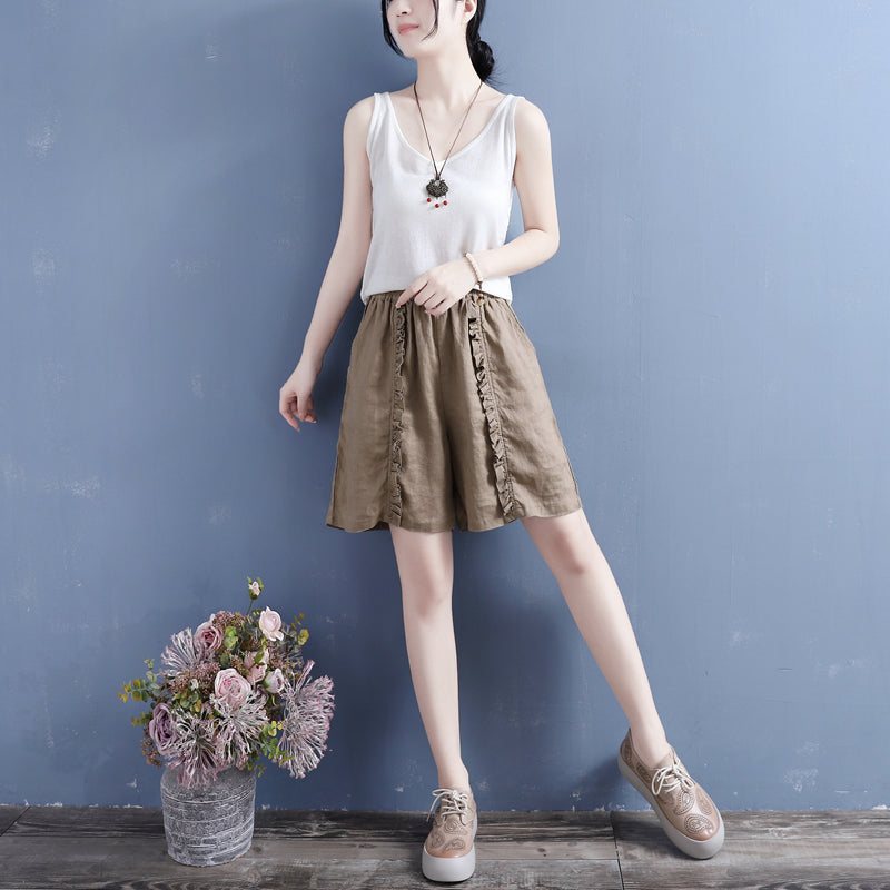 Dame Sommer Ruffle Bomull Lin Løse Shorts