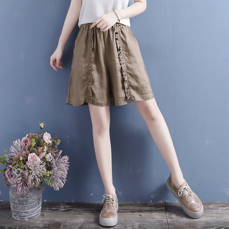 Dame Sommer Ruffle Bomull Lin Løse Shorts