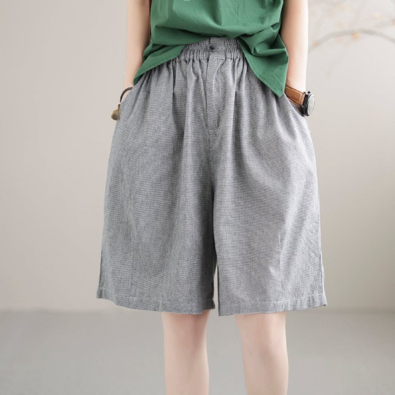 Sommer Retro Rutete Løs Shorts I Bomullslin