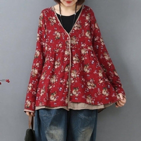 Blomster Vintage Panel Løs Casual Cardigan Bluse