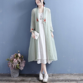 Sommer Bomull Lin Blomster Lang Cardigan Med Åpen Front