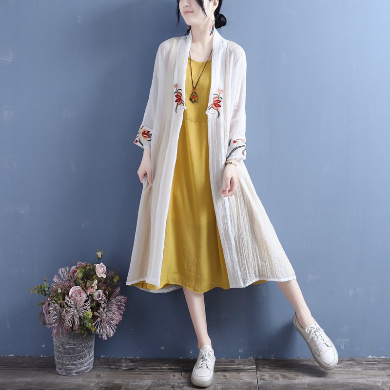 Sommer Bomull Lin Blomster Lang Cardigan Med Åpen Front