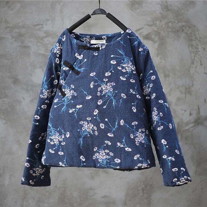 Blue Floral Retro Løs Quilted Frakk Frakk For Kvinner