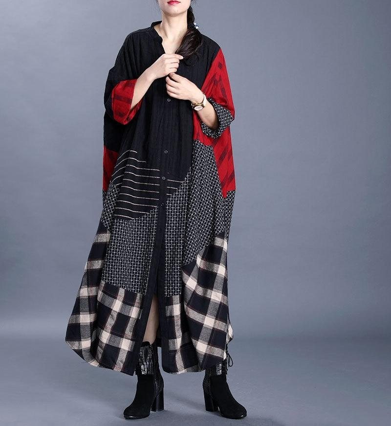 Bomull Lin Retro Splicing Dame Windbreaker Frakk