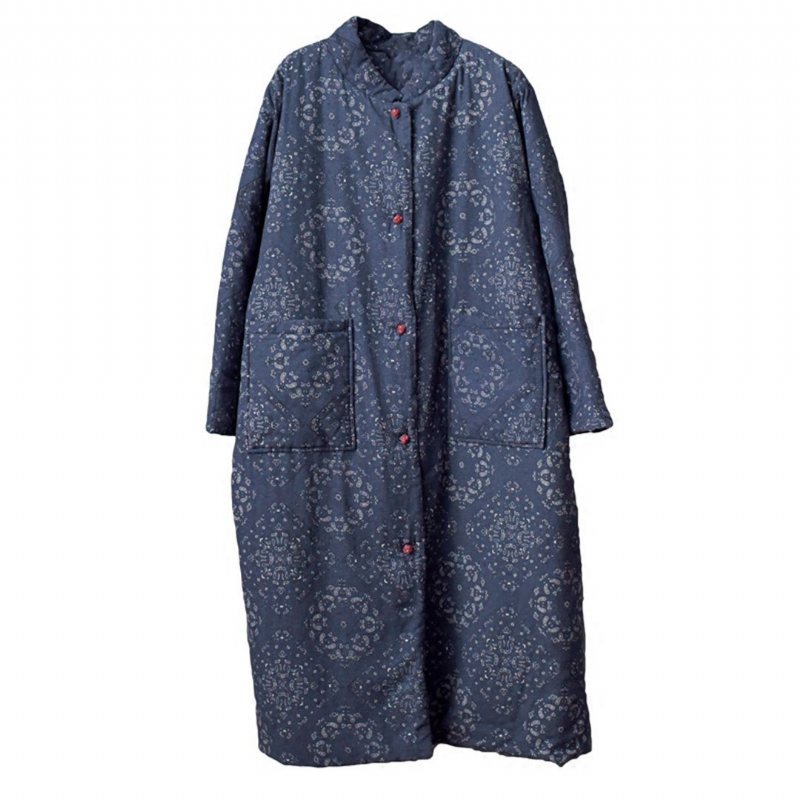 Bomull Lin Stativ Krage Trykt Quilted Frakk