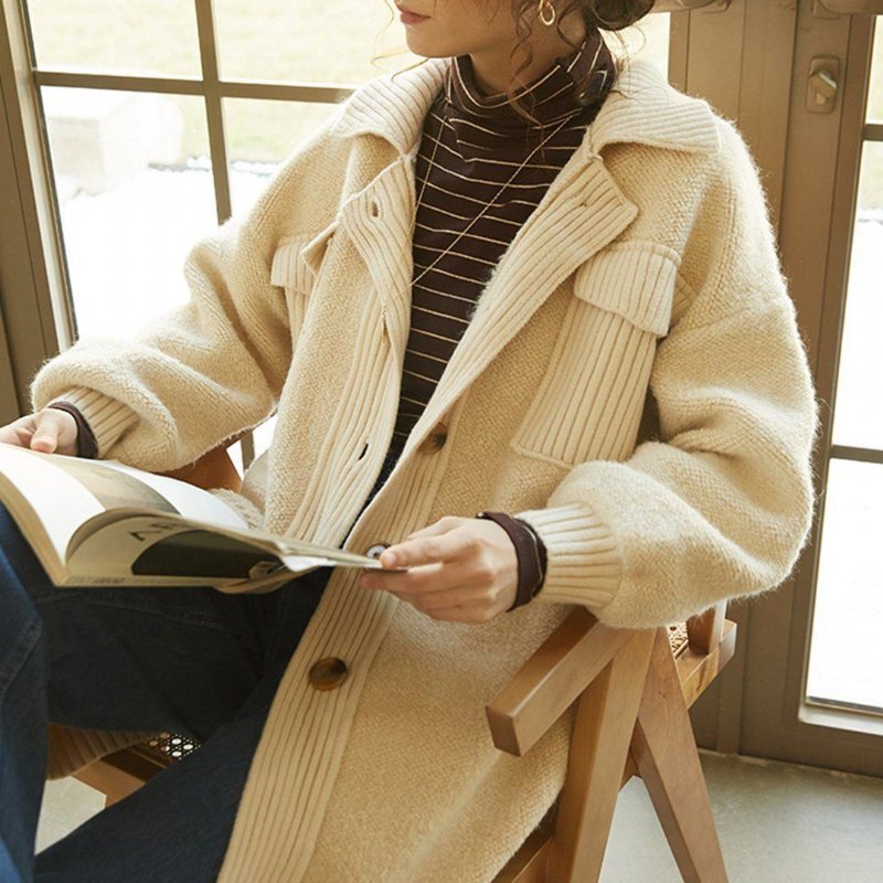 Dame Fleece Strikket Stitching Lazy Frakk