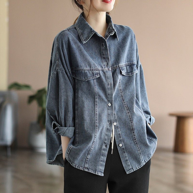 Dame Retro Plus Size Løs Denimjakke I Bomull
