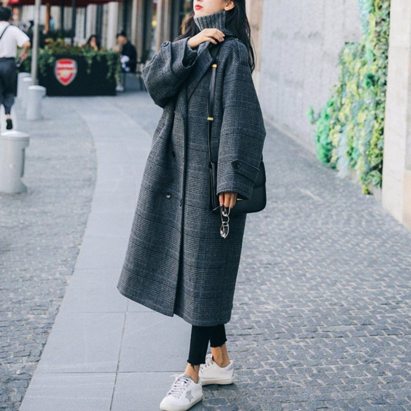 Gingham Mote Dobbelspent Vindjakke I Ull For Kvinner