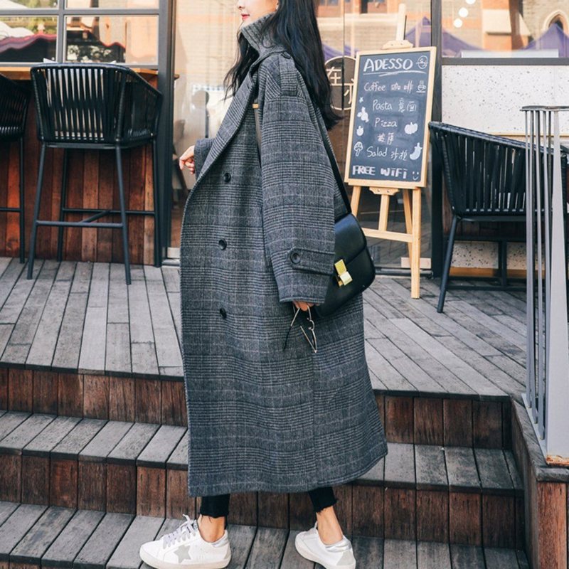 Gingham Mote Dobbelspent Vindjakke I Ull For Kvinner