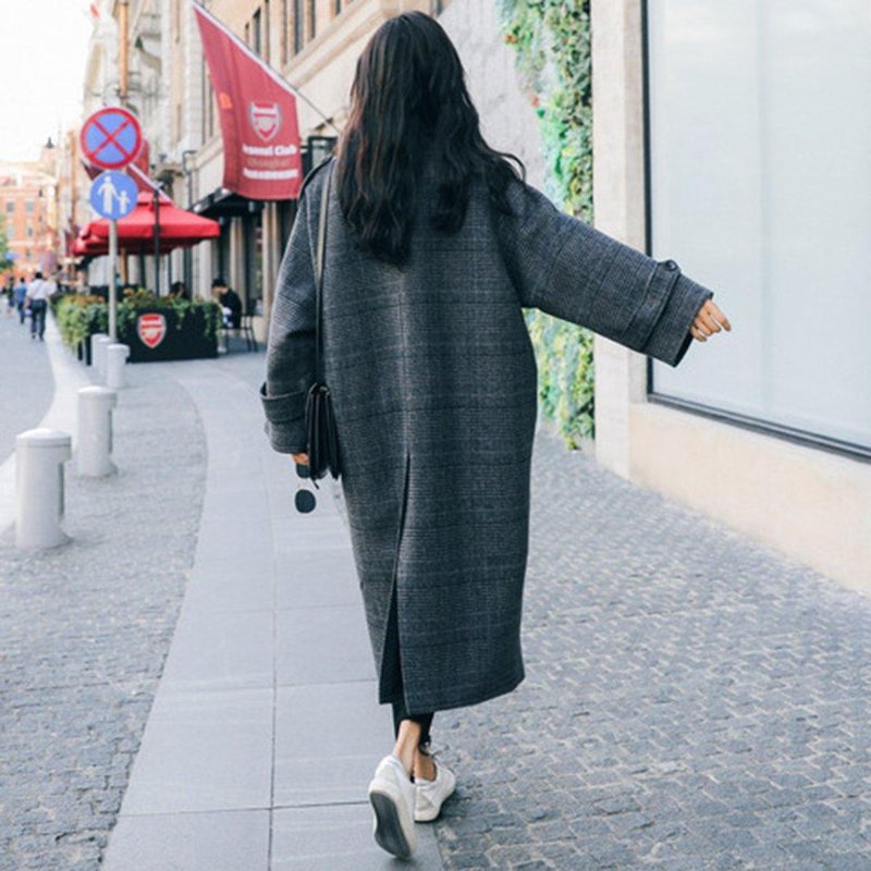 Gingham Mote Dobbelspent Vindjakke I Ull For Kvinner