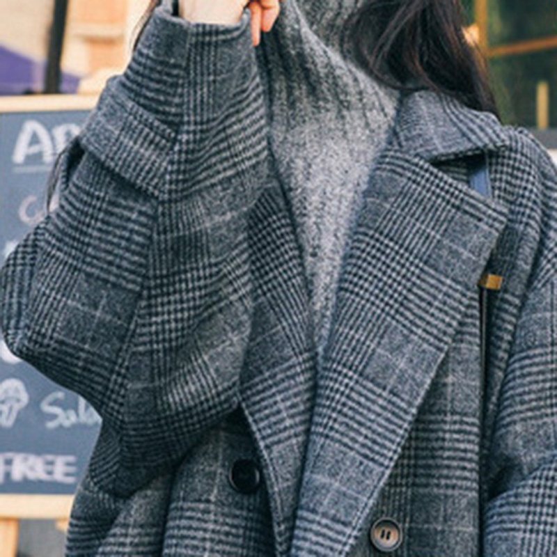 Gingham Mote Dobbelspent Vindjakke I Ull For Kvinner