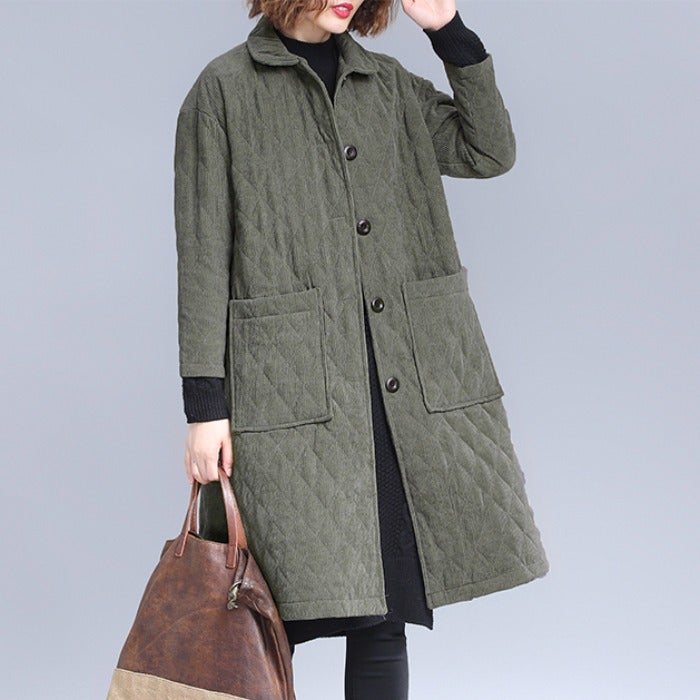 Høst Vinter Mote Retro Solid Corduroy Quilted Frakk Frakk