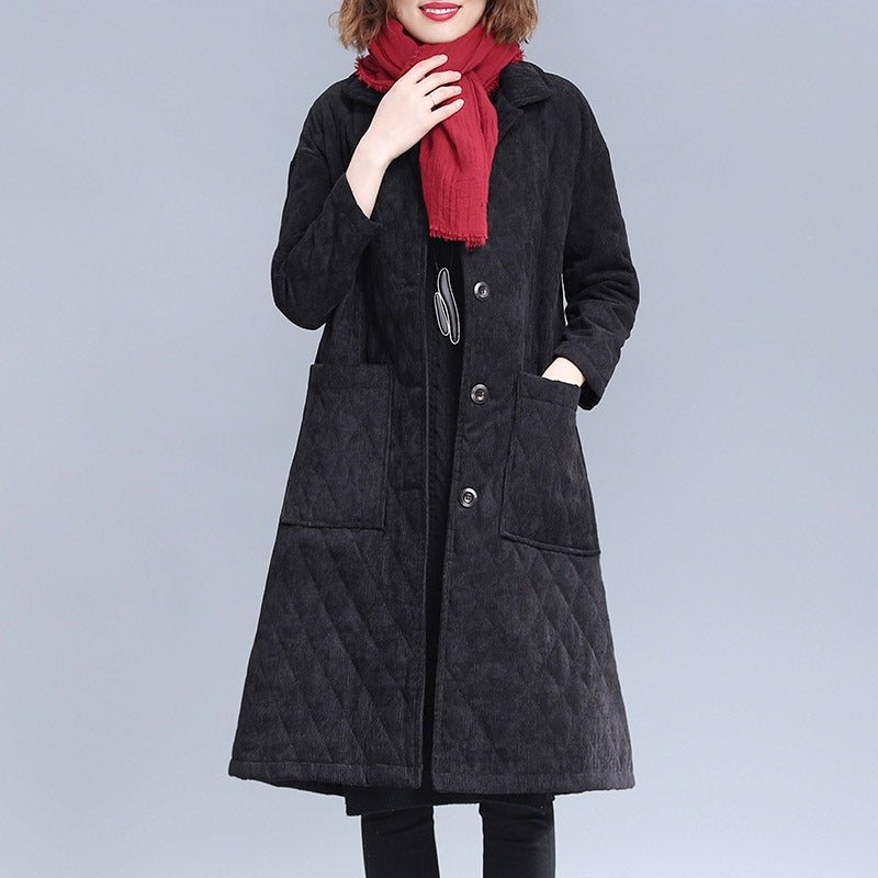 Høst Vinter Mote Retro Solid Corduroy Quilted Frakk Frakk