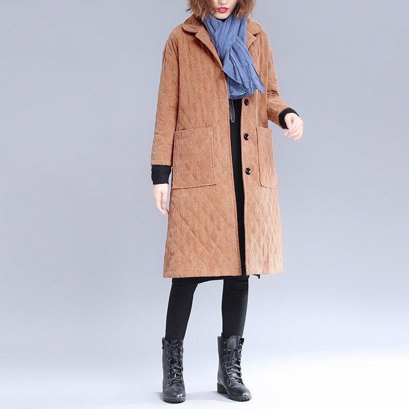 Høst Vinter Mote Retro Solid Corduroy Quilted Frakk Frakk