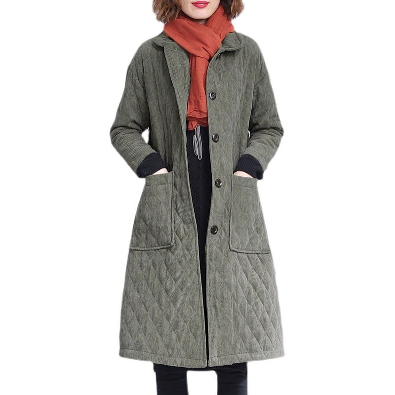 Høst Vinter Mote Retro Solid Corduroy Quilted Frakk Frakk