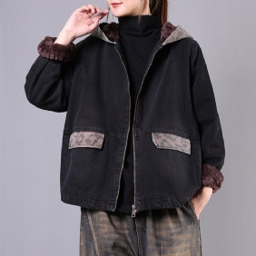 Løs Casual Plysj Vinter Hette Denim Frakk