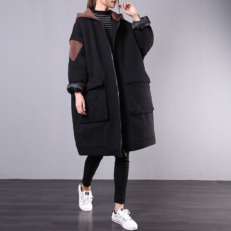 Løse Uformelle Store Lommer Color Block Hette Tykk Frakk