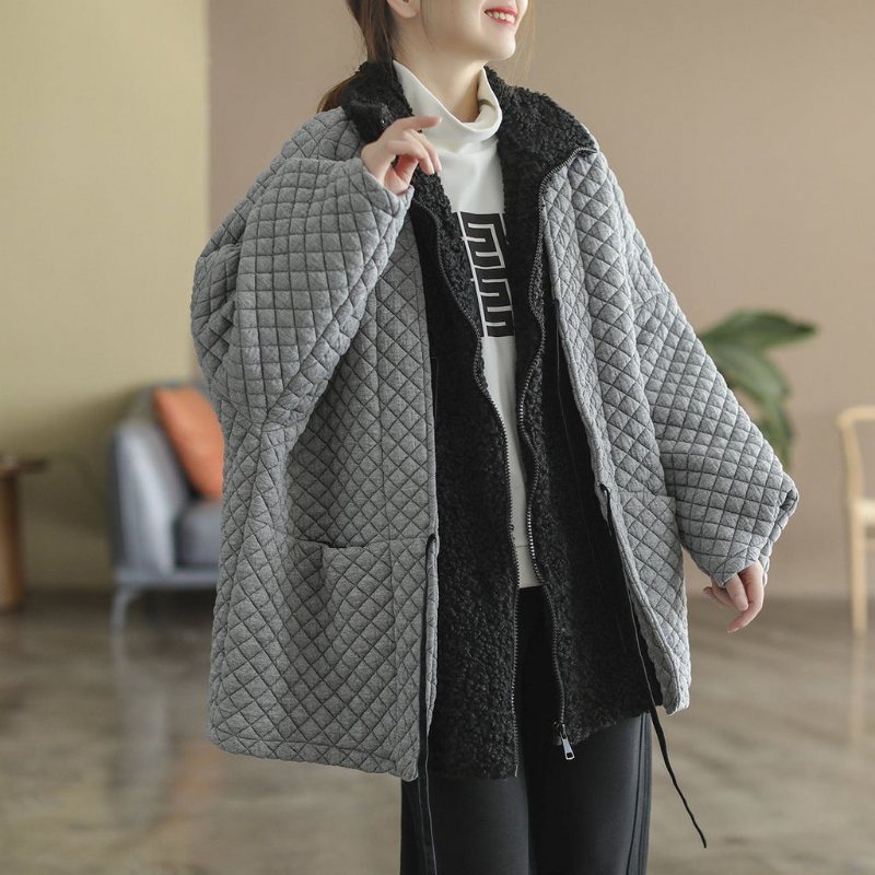 Plus Size Vinterpledd Plysj Retro Patchwork Varm Frakk