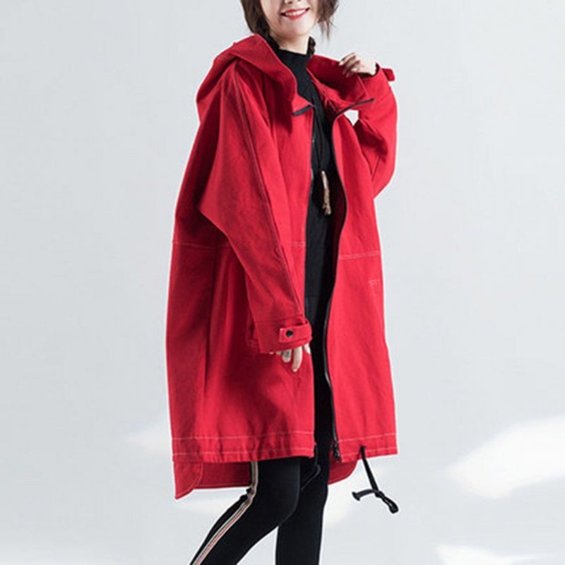 Solid Spiss Hette Løs Plus Size Windbreaker Frakk