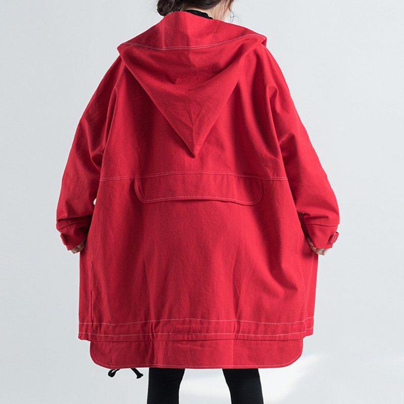 Solid Spiss Hette Løs Plus Size Windbreaker Frakk