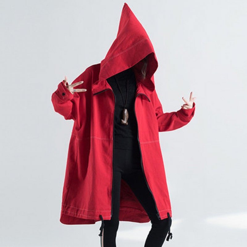 Solid Spiss Hette Løs Plus Size Windbreaker Frakk