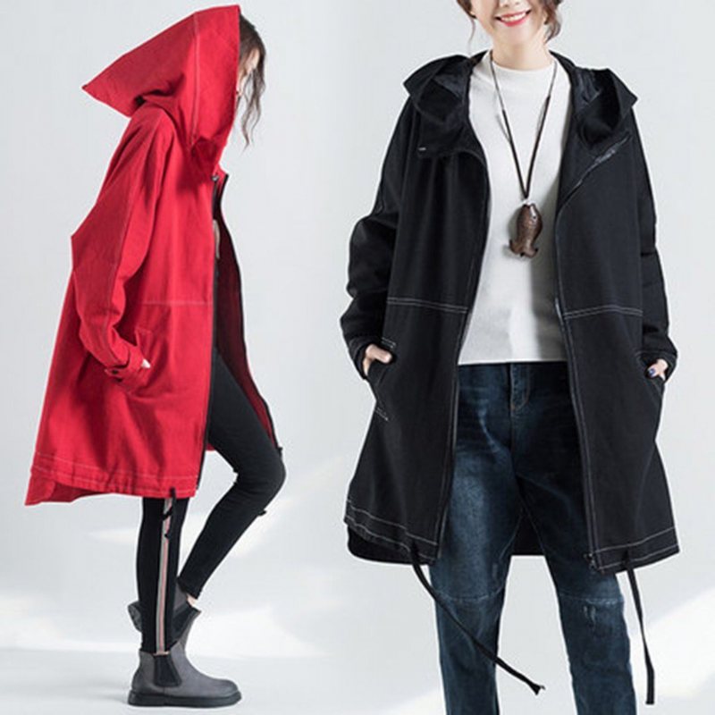 Solid Spiss Hette Løs Plus Size Windbreaker Frakk