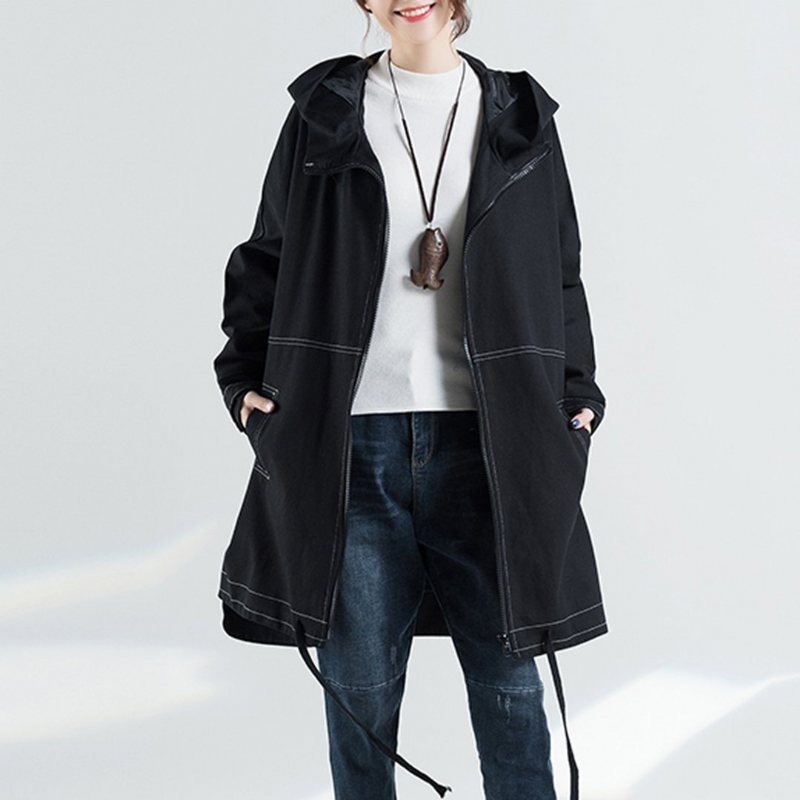 Solid Spiss Hette Løs Plus Size Windbreaker Frakk