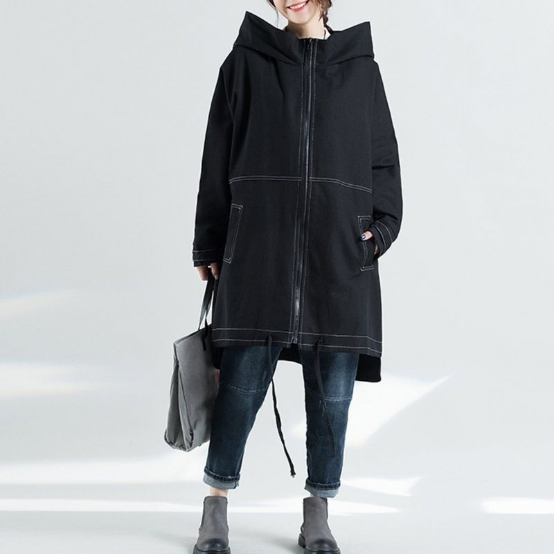 Solid Spiss Hette Løs Plus Size Windbreaker Frakk